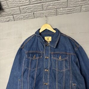 Outdoor Expedition Mens XXL Denim Trucker Jacket Blue Cotton Dark Wash Workwear